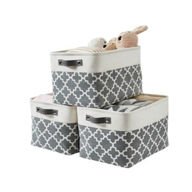 DECOMOMO XL Foldable Storage Bin with Handles - Pattern Grey and White (Set of 3) - 14"x16"x4"-A2ZHOME