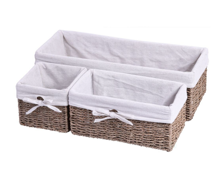 Vintiquewise Seagrass Shelf Storage Baskets with Lining - Set of 3, 13" x 24" x 11"-A2ZHOME