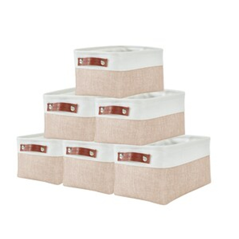 DECOMOMO Small 6 Packs Foldable Storage Bin with Handles - Beige and White - Set of 6, 11" x 16" x 6"-A2ZHOME