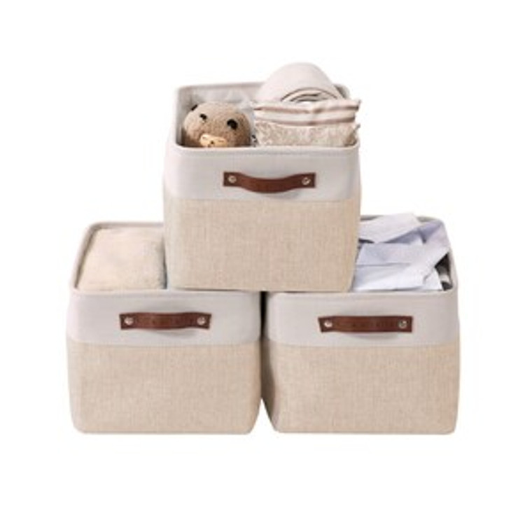 DECOMOMO Large Foldable Storage Bin with Handles - Beige and White - 12" x 16" x 4" - Set of 3-A2ZHOME