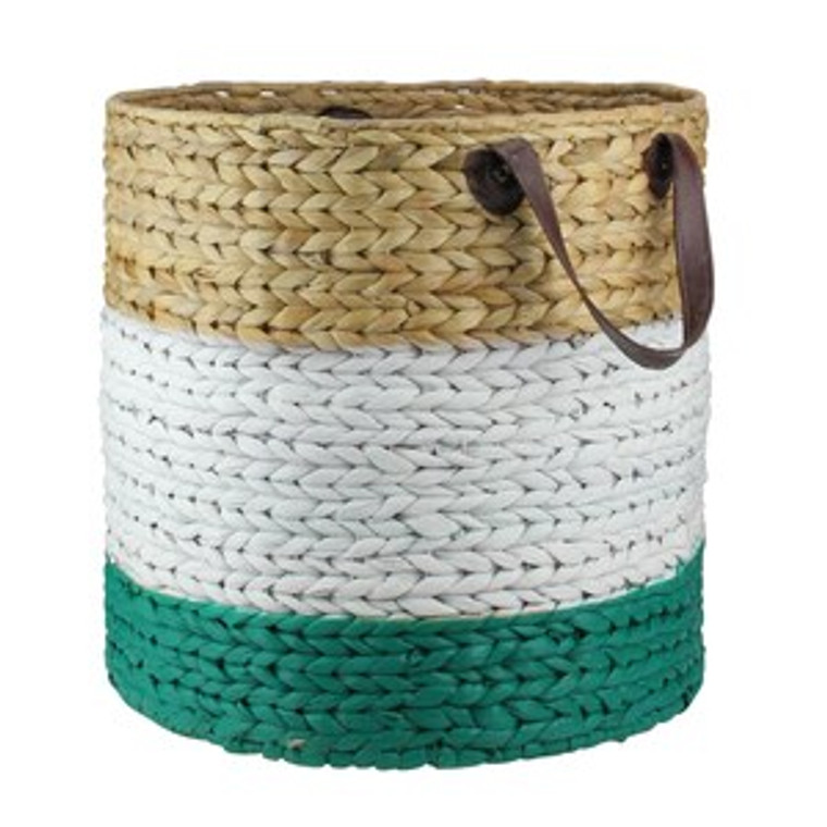 Northlight 21" Beige, White, and Teal Braided Wicker Basket with Handles - 16" x 16" x 21" - (6/CASE)-A2ZHOME