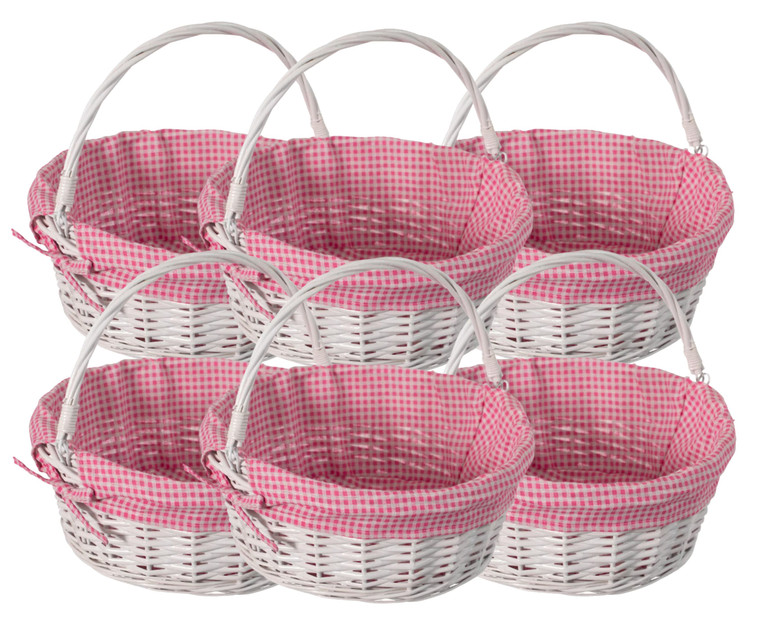 Wickerwise White Round Willow Gift Basket with Pink and White Gingham Liner - Medium - 13" x 9" x 19" - (6/CASE)-A2ZHOME