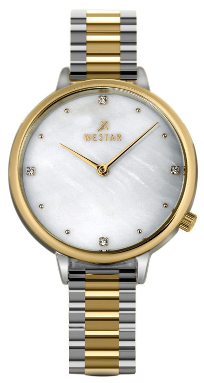 Westar Zing Crystal Accents Two Tone Stainless Steel White Mother Of Pearl Dial Quartz 00135cbn111 Women's Watch