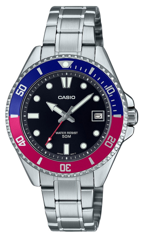 Casio Standard Analog Pepsi Bezel Stainless Steel Black Dial Quartz Mdv-10d-1a3 Men's Watch