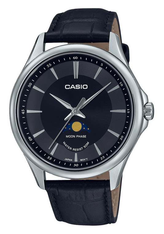 Casio Standard Analog Moon Phase Leather Strap Black Dial Quartz Mtp-m100l-1a Men's Watch