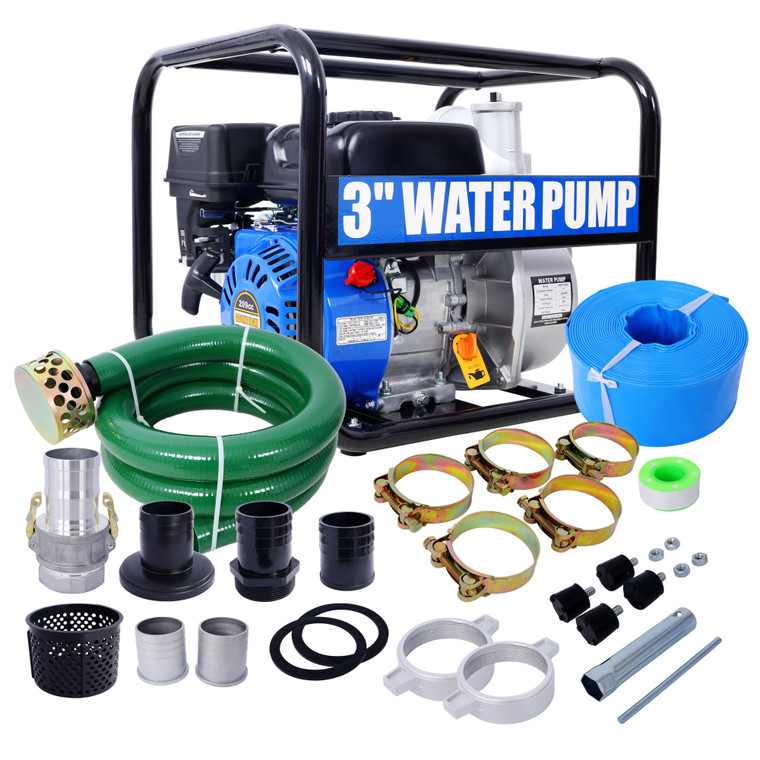 A2ZHOME Semi Trash Pump 3 inch, 209cc 7HP 4 stroke OHV ENGINE, Gas Powered Semi Trash Water Pump 50 ft Discharge Hose, 12 ft Suction Hose with Complete Fittings,EPA compliant