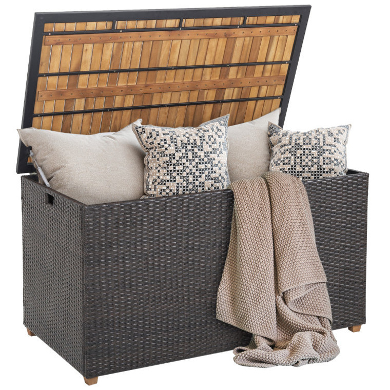 A2ZHOME 134 Gallon Rattan Storage Box with Zippered Liner and Solid Acacia Wood Top: Elegant and Functional Outdoor Storage