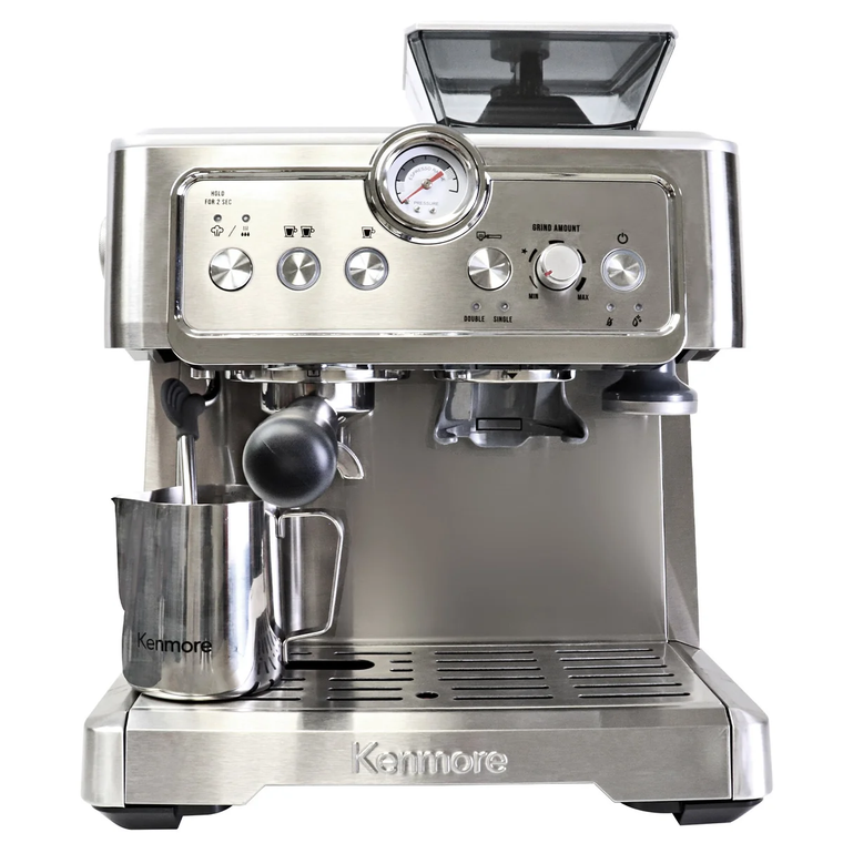 Kenmore Stainless Steel Espresso Machine with Grinder & Milk Frother, Programmable Settings, Compact Design