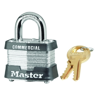Master Lock® No. 3 Laminated Steel Padlock, 9/32 in dia, 5/8 in W x 3/4 in H Shackle, Silver/Gray, Keyed Different, Varies