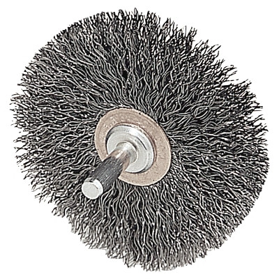 Weiler® Stem-Mounted Narrow Conflex Brush, 3 in dia x 1/2 in W Face, 0.014 in Stainless Steel Wire, 20000 RPM, 1/4 in Stem