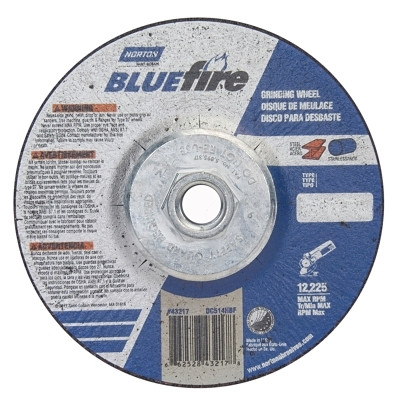 Saint-Gobain Norton Bluefire® Type 27 Depressed Center Wheel, 5 in x 1/4 x 5/8-11, 24 Grit, Zirconia Alumina