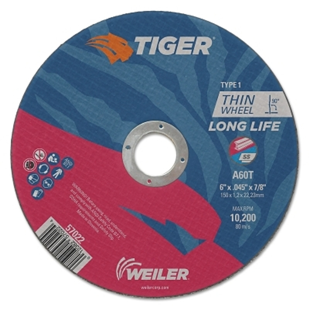 Weiler® 57022 Tiger® AO Cutting Wheel, 6 in dia x 0.045 in Thick, 7/8 in Arbor, A60T, Type 1