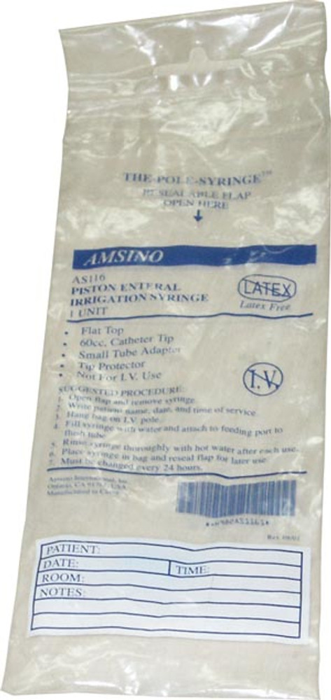 Amsino International, Inc.  AS116 60cc Syringe, Catheter Tip, Flat Top with Small Tip Adapter, Packed in Resealable IV Pole Bag, 30/cs (125 cs/plt) 