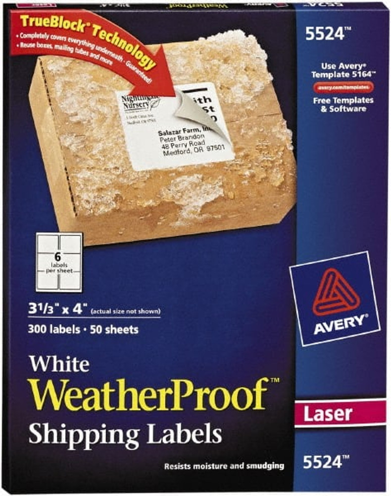 AVERY 05524 Label Maker Label: White, Polyester, 4" OAL, 4" OAW, 300 per Roll