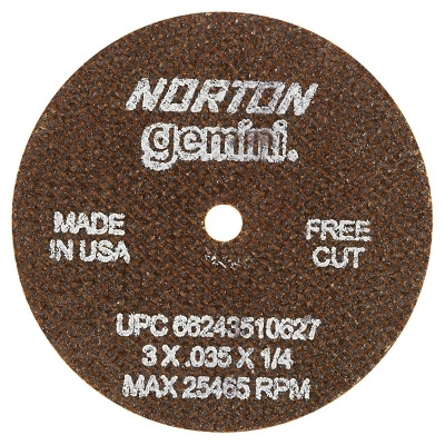 Saint-Gobain Norton Gemini® Type 1 Reinforced Cut-Off Wheel, 3 in dia, 0.035 in Thick, 1/4 in Arbor, 60 Grit, Aluminum Oxide