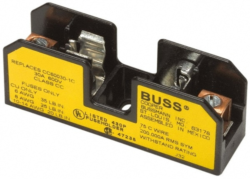 Cooper Bussmann BG3033P Fuse Blocks; Number of Poles: 3 ; Voltage: 480 VAC/VDC ; Wire Termination Type: Pressure Plate ; Compatible Fuse Class: G ; Block Width (Decimal Inch): 2.3800 ; Block Height (Decimal Inch): 1.2200