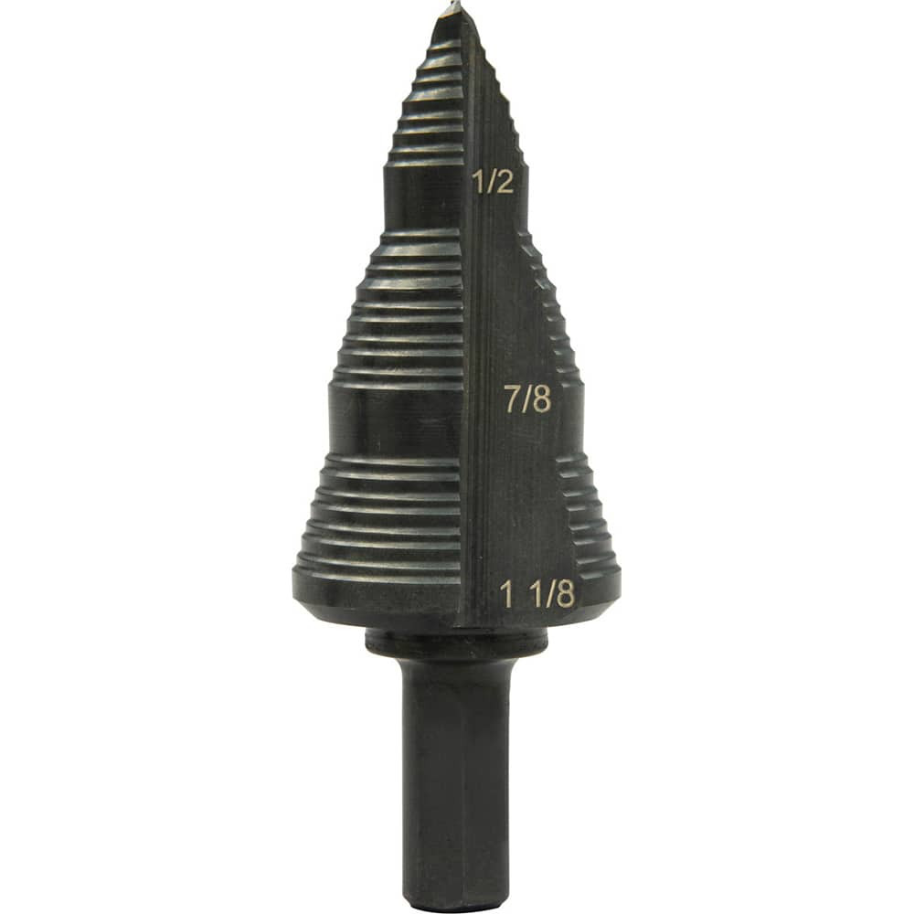 Greenlee GSB09-B Step Drill Bits: 3/16" to 1-1/8" Hole Dia, 3/8" Shank Dia, Steel, 4 Hole Sizes