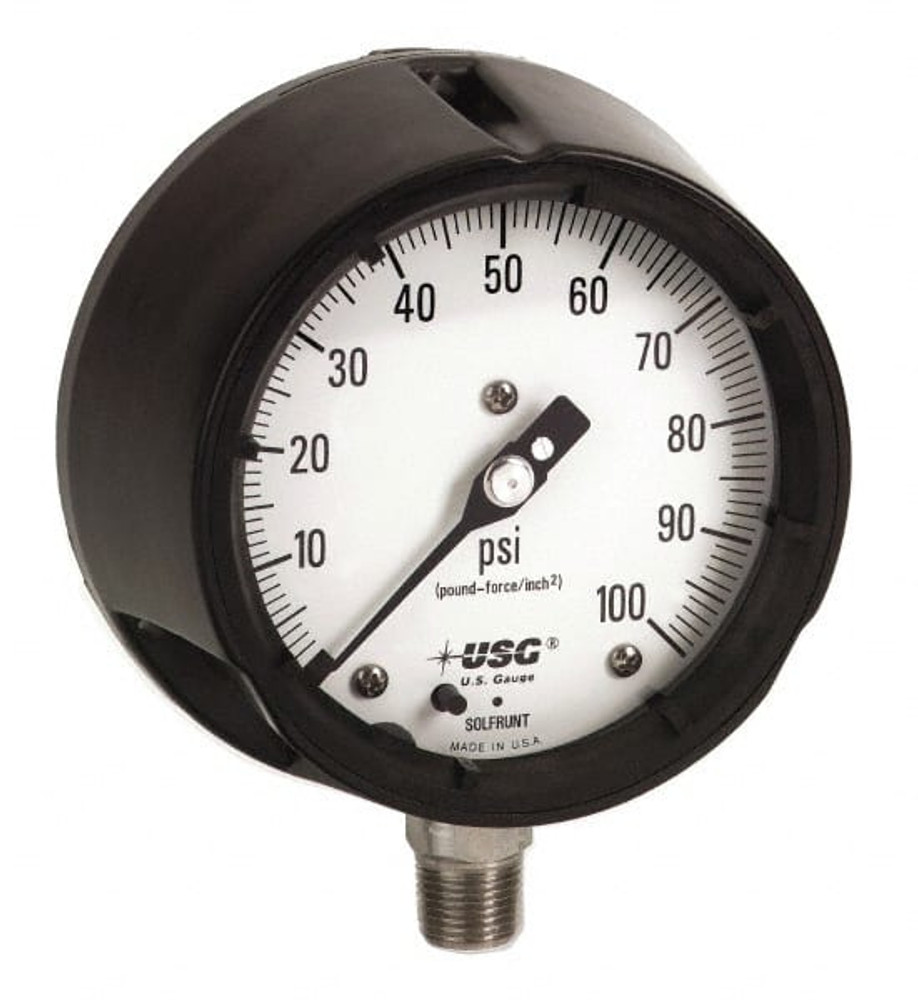 Ametek 150025X Pressure Gauge: 4-1/2" Dial, 1/2" Thread, Lower Mount