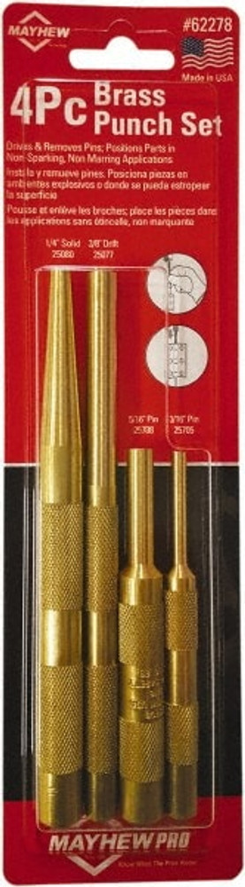 Mayhew 62278 Assorted Brass Punch Kit Punch Set: 4 Pc, 0.1875 to 0.375"