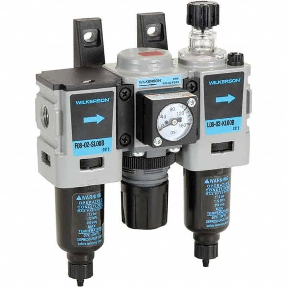 Wilkerson C08-02-FLG0B FRL Combination Unit: 1/4 NPT, Miniature, 3 Pc Filter-Regulator-Lubricator with Pressure Gauge