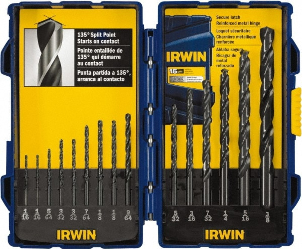 Irwin 314015 Drill Bit Set: Jobber Length Drill Bits, 15 Pc, 0.0625" to 0.375" Drill Bit Size, 135 °, High Speed Steel