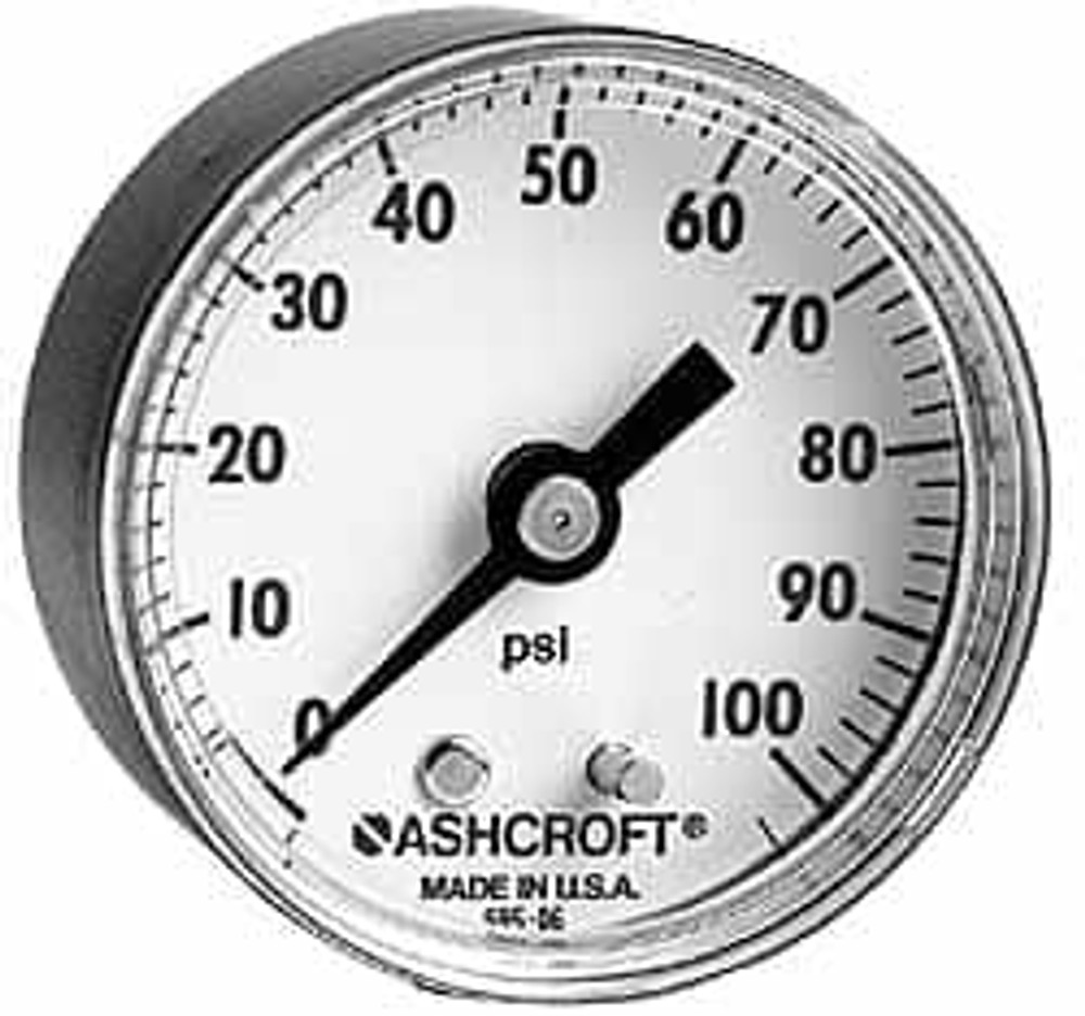 Ashcroft 662876130054 Pressure Gauge: 2" Dial, 30 psi, 1/4" Thread, NPT, Center Back Mount