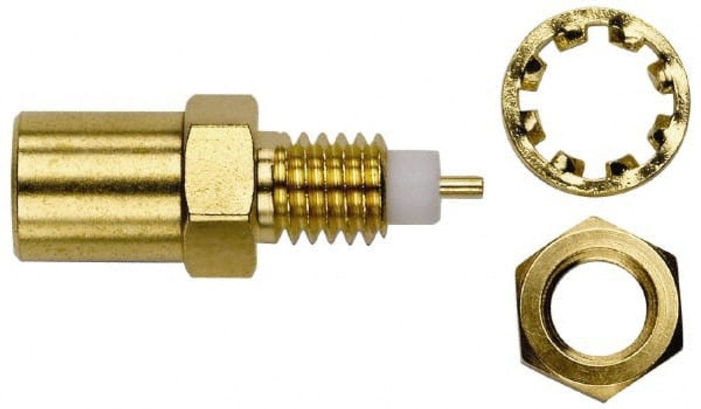 Pomona 72999 Coaxial Connectors; Connector Type: Plug ; Impedance (Ohms): 50 ; Body Orientation: Straight ; Finish: Gold ; Mount Type: Panel ; Contact Material: Brass