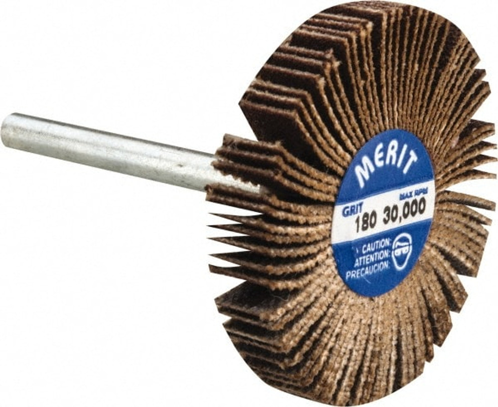 Merit Abrasives 08834137503 Mounted Flap Wheel: 1-3/16" Dia, 3/16" Face Width, 180 Grit, Aluminum Oxide