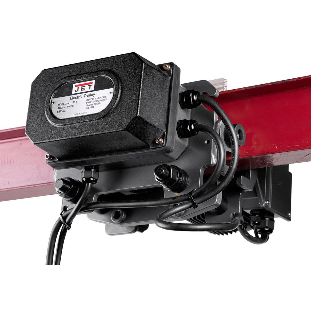 Jet 144190 Trolleys; Minimum Beam Curve Radius: 6.5in ; Maximum I-beam Height: 6.88in ; Minimum I-beam Height: 4.88in ; Number Of Speeds: 2 ; Color: Red; Black