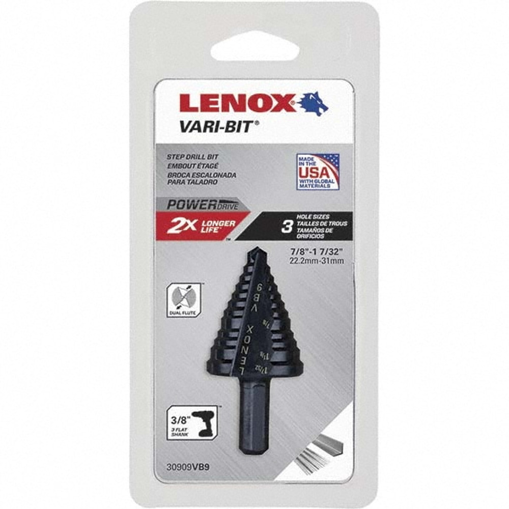 Lenox 30909VB9 Step Drill Bits: 7/8" to 1-7/32" Hole Dia, 3/8" Shank Dia, High Speed Steel, 3 Hole Sizes