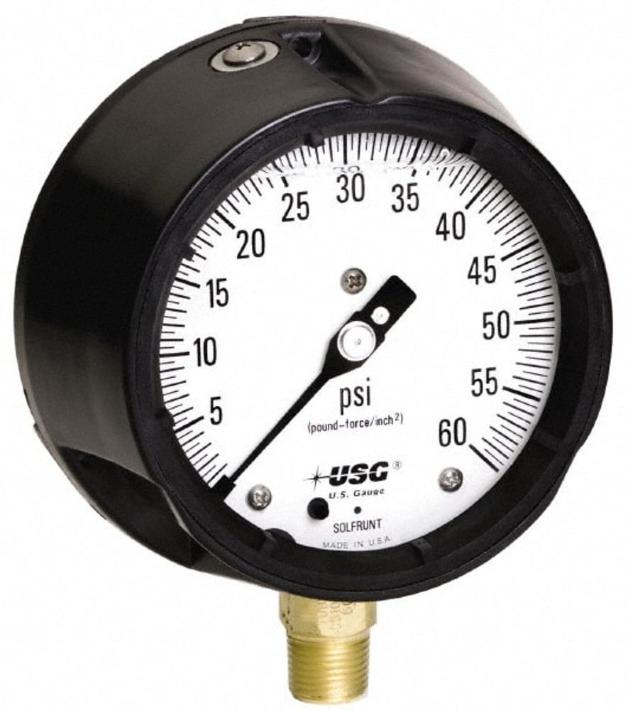 Ametek 170008 Pressure Gauge: 4-1/2" Dial, 1/2" Thread, Lower Mount