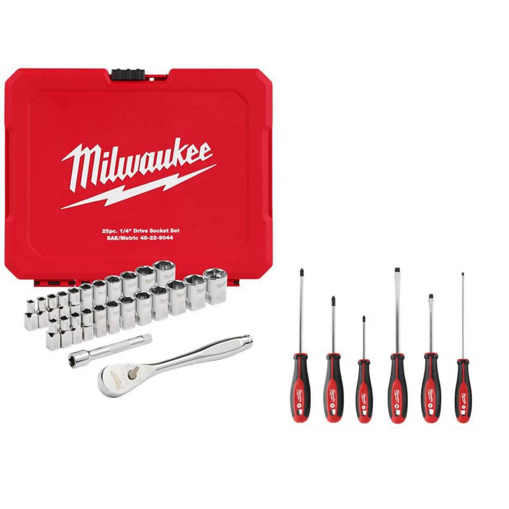 Milwaukee Tool 1343399/1644605 Socket Sets; Set Type: Ratchet & Socket Set ; Drive Size: 1/4 in ; Maximum Socket Depth (mm): 5.00 ; Minimum Socket Depth (mm): 15.00 ; Container Type: Plastic Case ; Number Of Pieces: 31