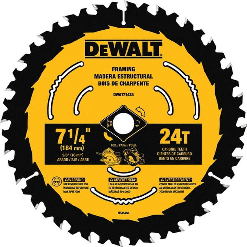 DeWALT DWA171424B10 Wet & Dry Cut Saw Blade: 7-1/4" Dia, 5/8" Arbor Hole, 0.065" Kerf Width, 24 Teeth