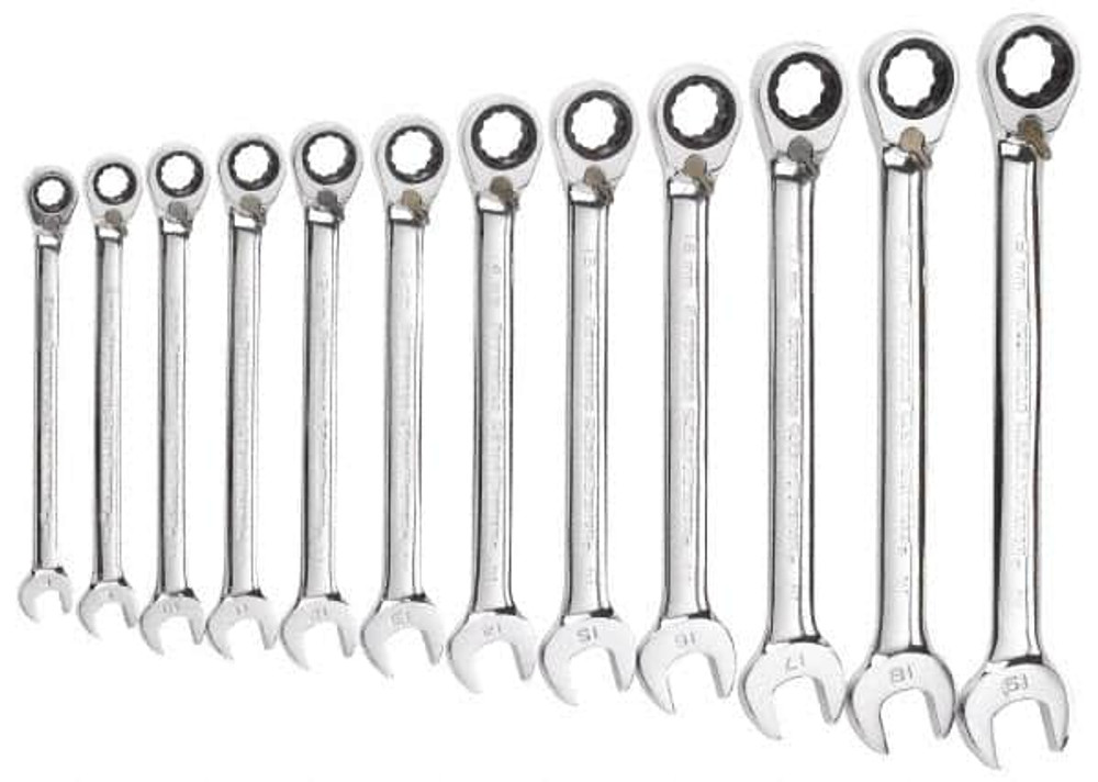 GEARWRENCH 9620N Ratcheting Combination Wrench Set: 12 Pc, 10 mm 11 mm 12 mm 13 mm 14 mm 15 mm 16 mm 17 mm 18 mm 19 mm 8 mm & 9 mm Wrench, Metric