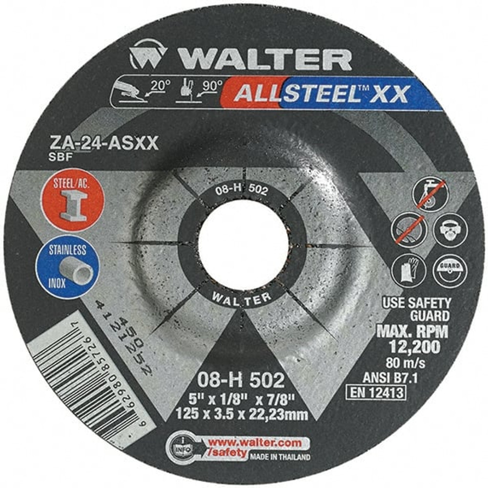 WALTER Surface Technologies 08H502 Depressed Grinding Wheel:  Type 27,  5" Dia,  1/8" Thick,  7/8" Hole,  Aluminum Oxide