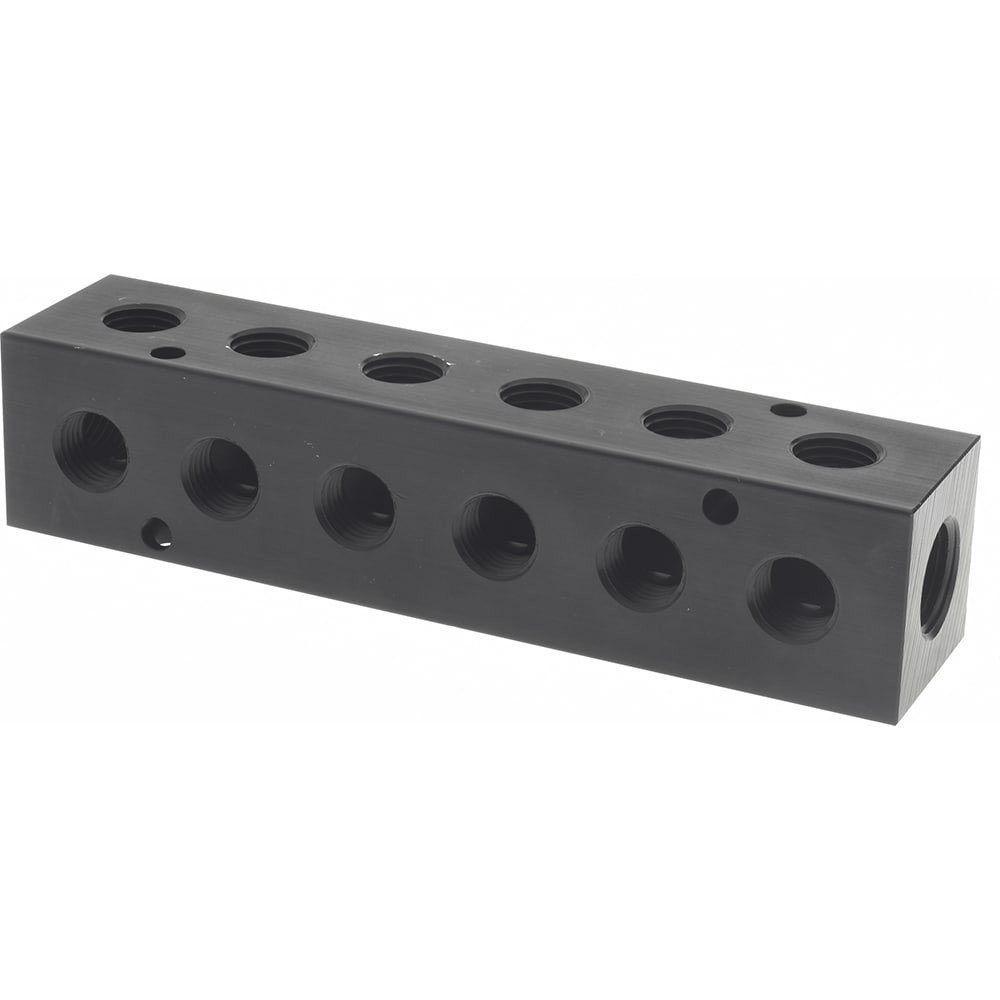 MSC PCM20-250R-06B Manifold: 3/8" Inlet, 1/4" Outlet, 2 Inlet Ports, 6 Outlet Ports, 5.88" OAL, 1.25" OAW, 1-1/4" OAH