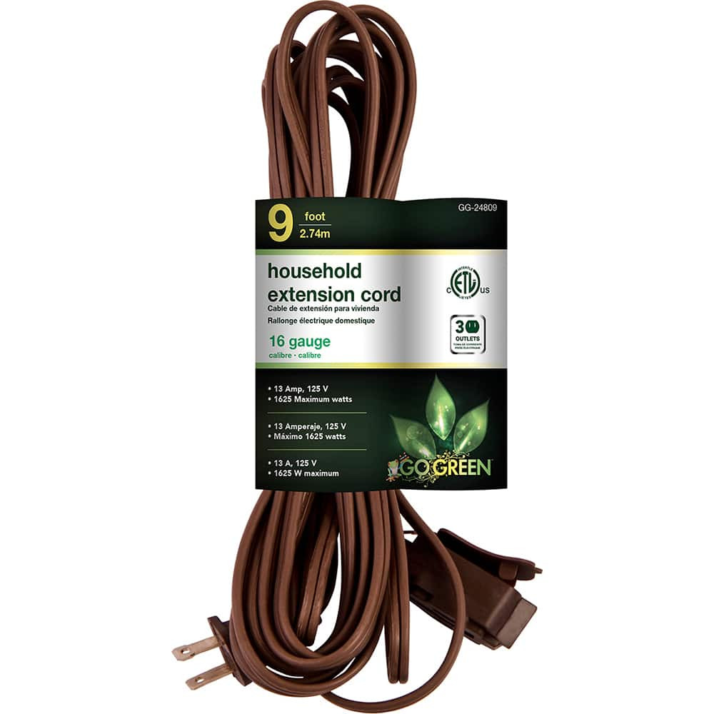 GoGreen Power GG-24809 Power Cords; Cord Type: Replacement Cord ; Overall Length (Feet): 9 ; Cord Color: Brown ; Amperage: 13 ; Voltage: 125 ; Wire Gauge: 16