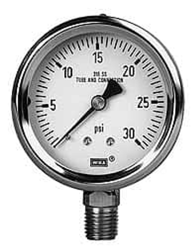 Wika 9737090 Pressure Gauge: 4" Dial, 100 psi, 1/2" Thread, Lower Back Mount