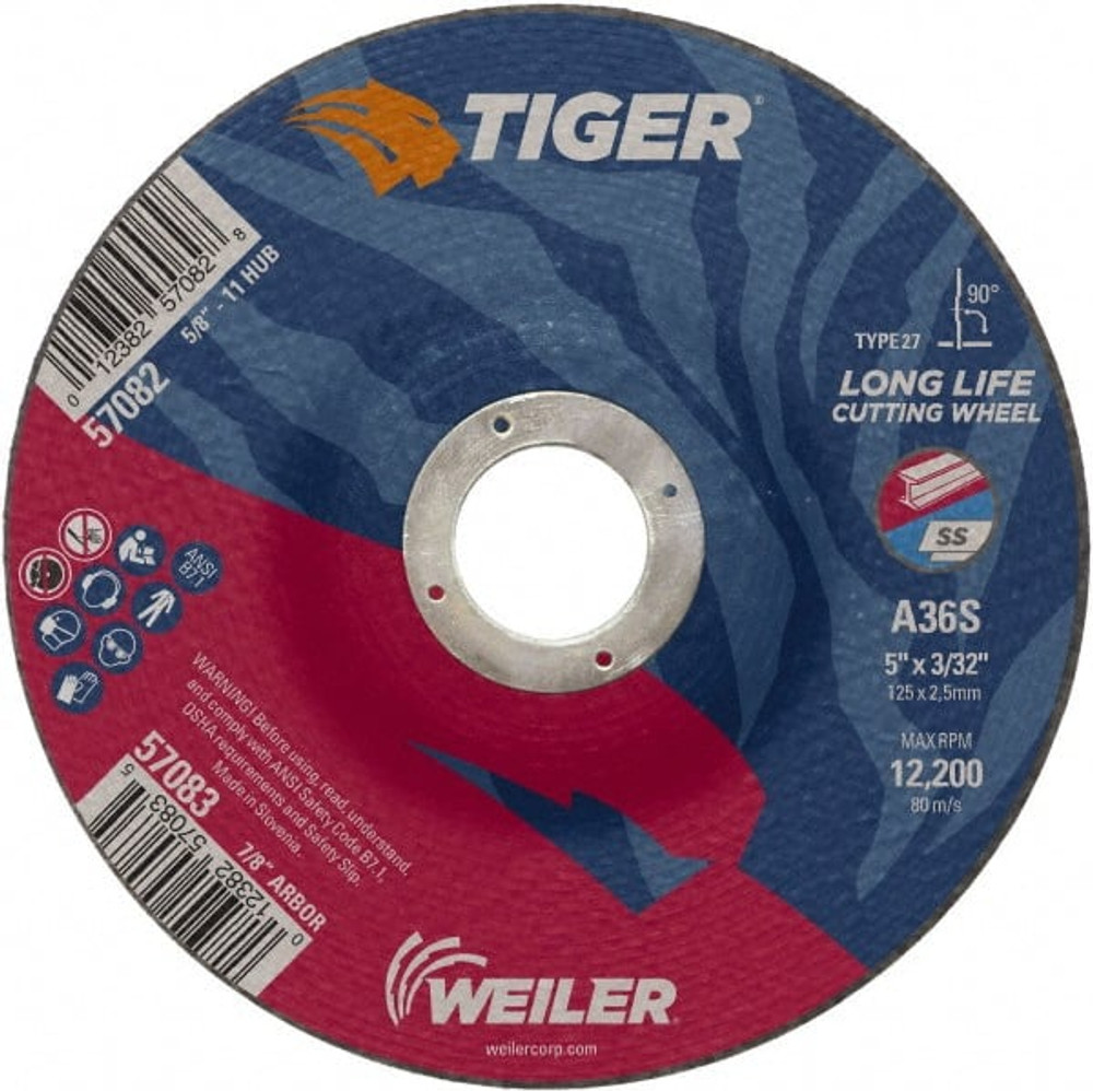 Weiler 57083 Depressed Center Wheel: Type 27, 5" Dia, 3/32" Thick, Aluminum Oxide