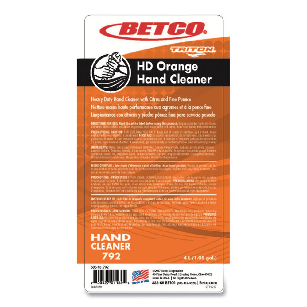 BETCO CORPORATION 7923100 HD Orange Hand Cleaner Refill, Citrus Zest, 4 L Refill Bottle for Triton Dispensers, 4/Carton