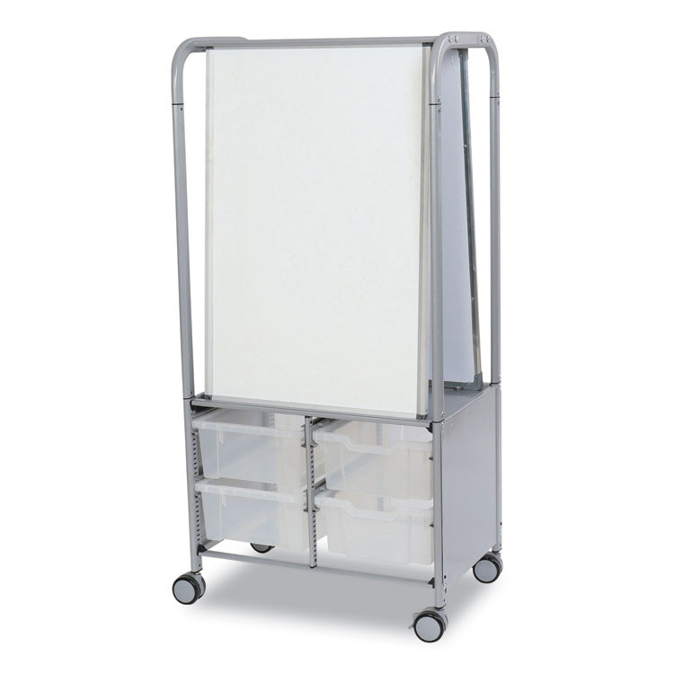 GRATNELLS USA, LLC MST054420 Callero MakerHub Trolley Set 01, Metal, (2) Magnetic Whiteboards, (4) F2 Deep Bins, 27.4" x 17.3" x 56.3", Silver/Trans Frost