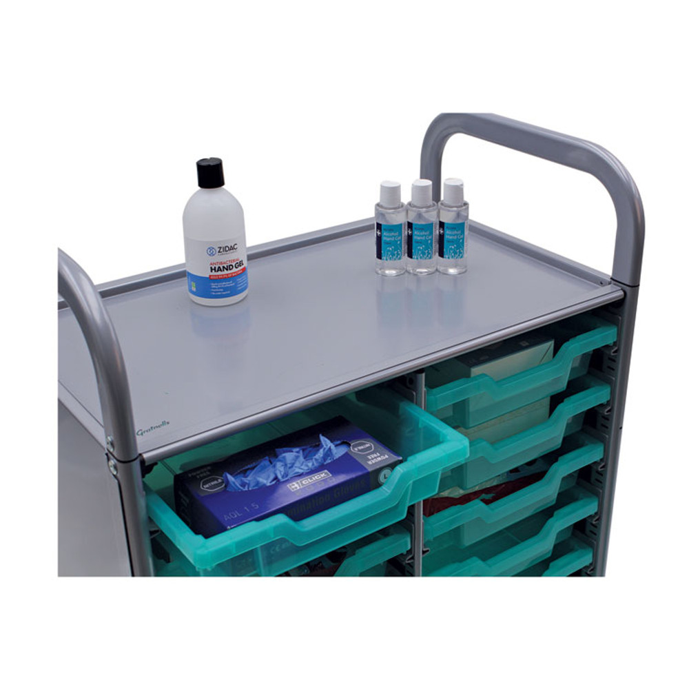 GRATNELLS USA, LLC SASET054429 Callero Plus Shield Double Trolley Set 05, Antimicrobial, Metal, 16 F1 Shallow Bins, 27.4" x 17.3" x 41.5", Silver/Trans Kiwi