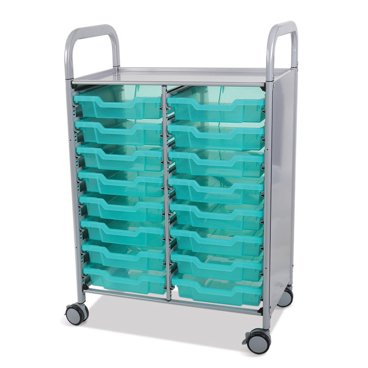 GRATNELLS USA, LLC SASET054429 Callero Plus Shield Double Trolley Set 05, Antimicrobial, Metal, 16 F1 Shallow Bins, 27.4" x 17.3" x 41.5", Silver/Trans Kiwi