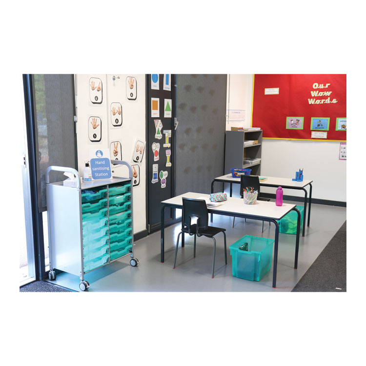 GRATNELLS USA, LLC SASET054429 Callero Plus Shield Double Trolley Set 05, Antimicrobial, Metal, 16 F1 Shallow Bins, 27.4" x 17.3" x 41.5", Silver/Trans Kiwi