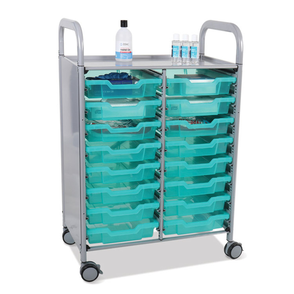 GRATNELLS USA, LLC SASET054429 Callero Plus Shield Double Trolley Set 05, Antimicrobial, Metal, 16 F1 Shallow Bins, 27.4" x 17.3" x 41.5", Silver/Trans Kiwi
