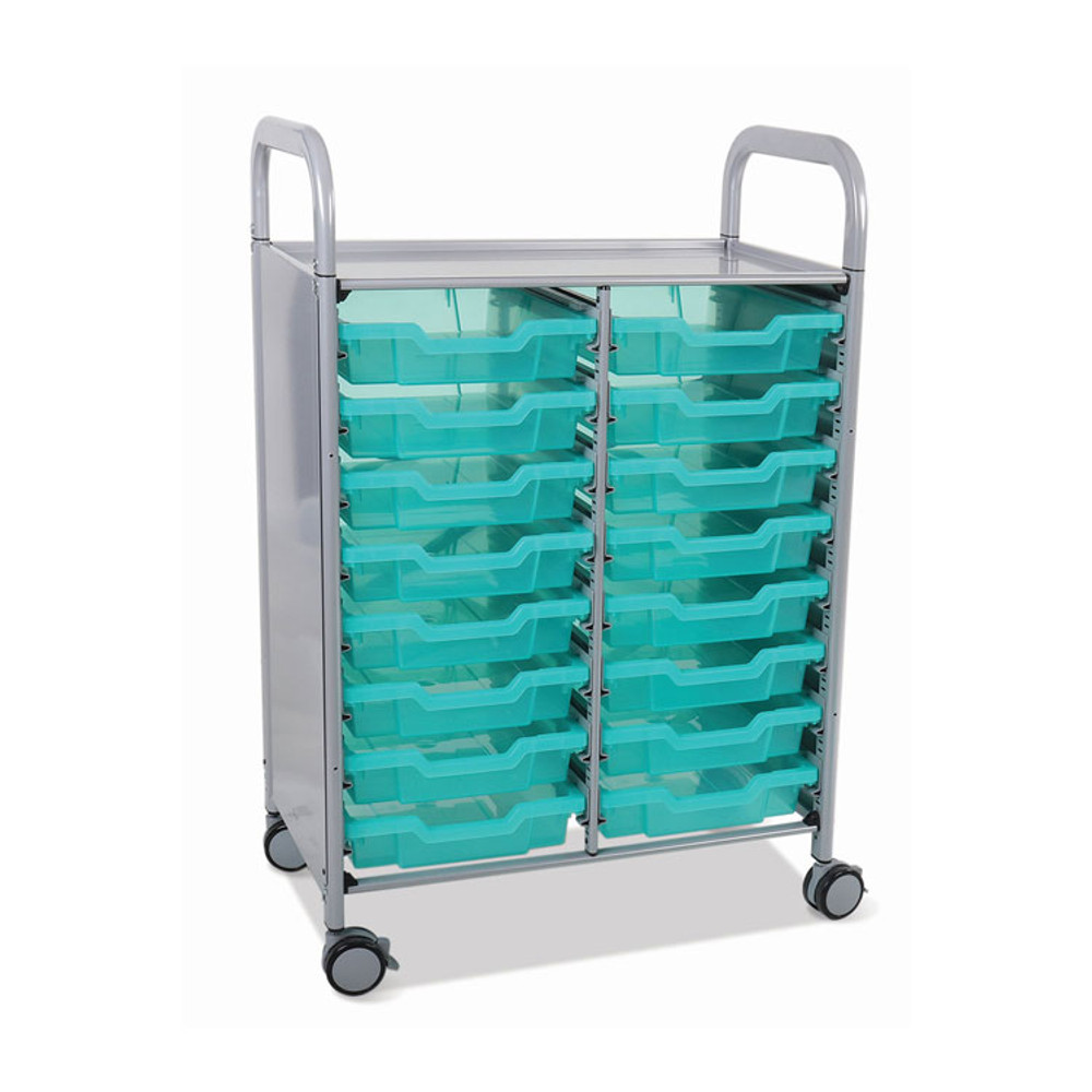 GRATNELLS USA, LLC SASET054429 Callero Plus Shield Double Trolley Set 05, Antimicrobial, Metal, 16 F1 Shallow Bins, 27.4" x 17.3" x 41.5", Silver/Trans Kiwi