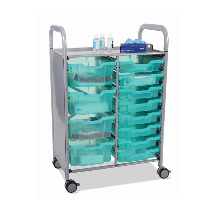 GRATNELLS USA, LLC SASET184429 Callero Plus Shield Double Trolley Set 18, Antimicrobial, Metal, 8 F1 Bins, 4 F2 Bins, 27.4 x 17.3 x 41.5, Silver/Trans Kiwi