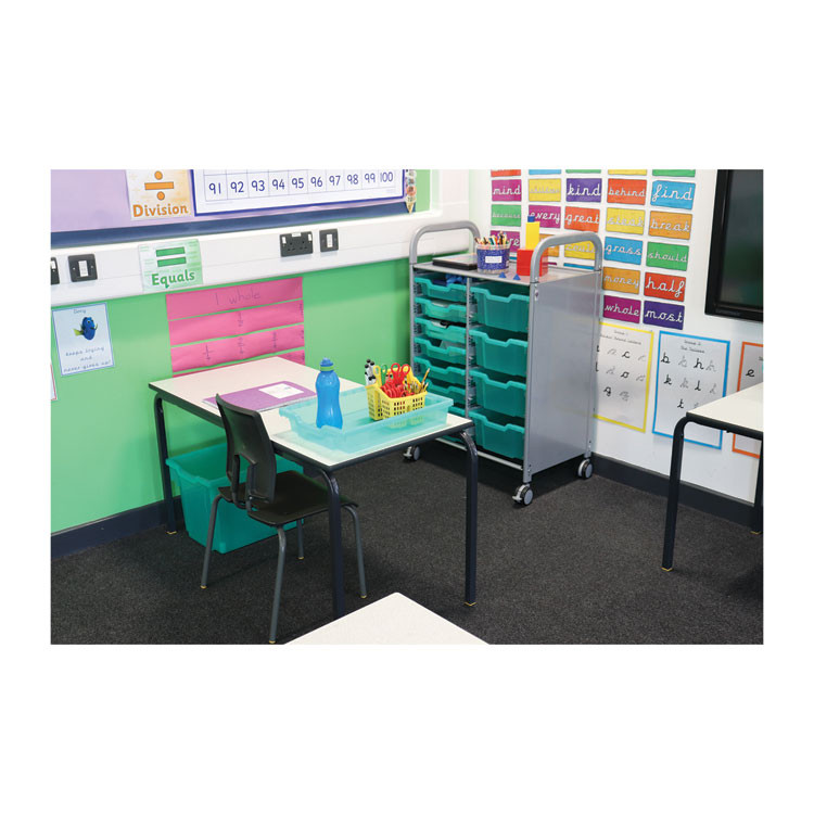 GRATNELLS USA, LLC SASET184429 Callero Plus Shield Double Trolley Set 18, Antimicrobial, Metal, 8 F1 Bins, 4 F2 Bins, 27.4 x 17.3 x 41.5, Silver/Trans Kiwi