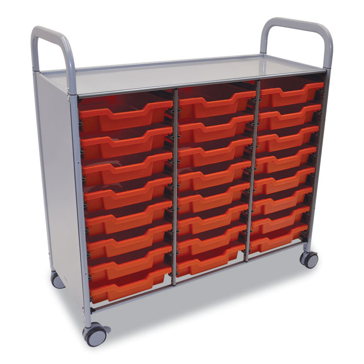 GRATNELLS USA, LLC SSET034409 Callero Plus Treble Column Trolley Set 03, Metal, 1 Shelf, 24 F1 Shallow Bins, 40.6" x 17.3" x 41.5", Silver/Flame Red