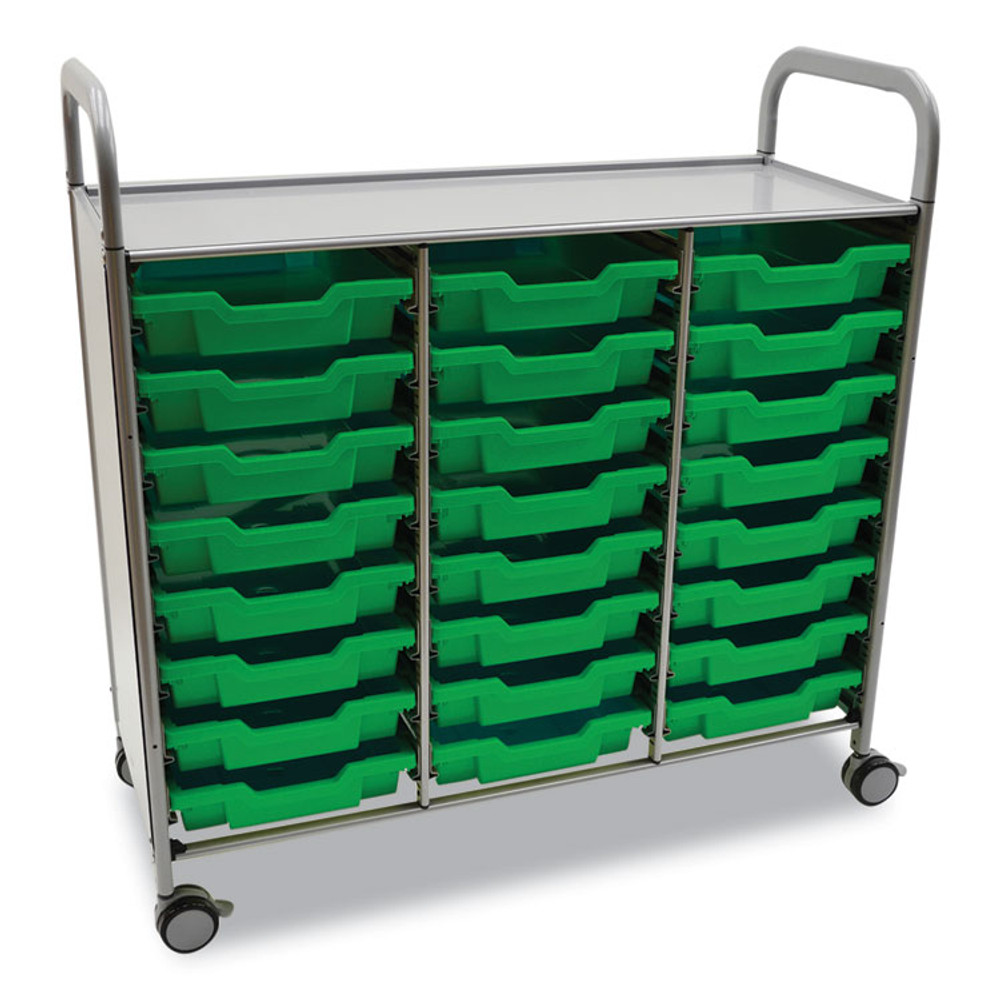 GRATNELLS USA, LLC SSET034410 Callero Plus Treble Column Trolley Set 03, Metal, 1 Shelf, 24 F1 Shallow Bins, 40.6" x 17.3" x 41.5", Silver/Grass Green